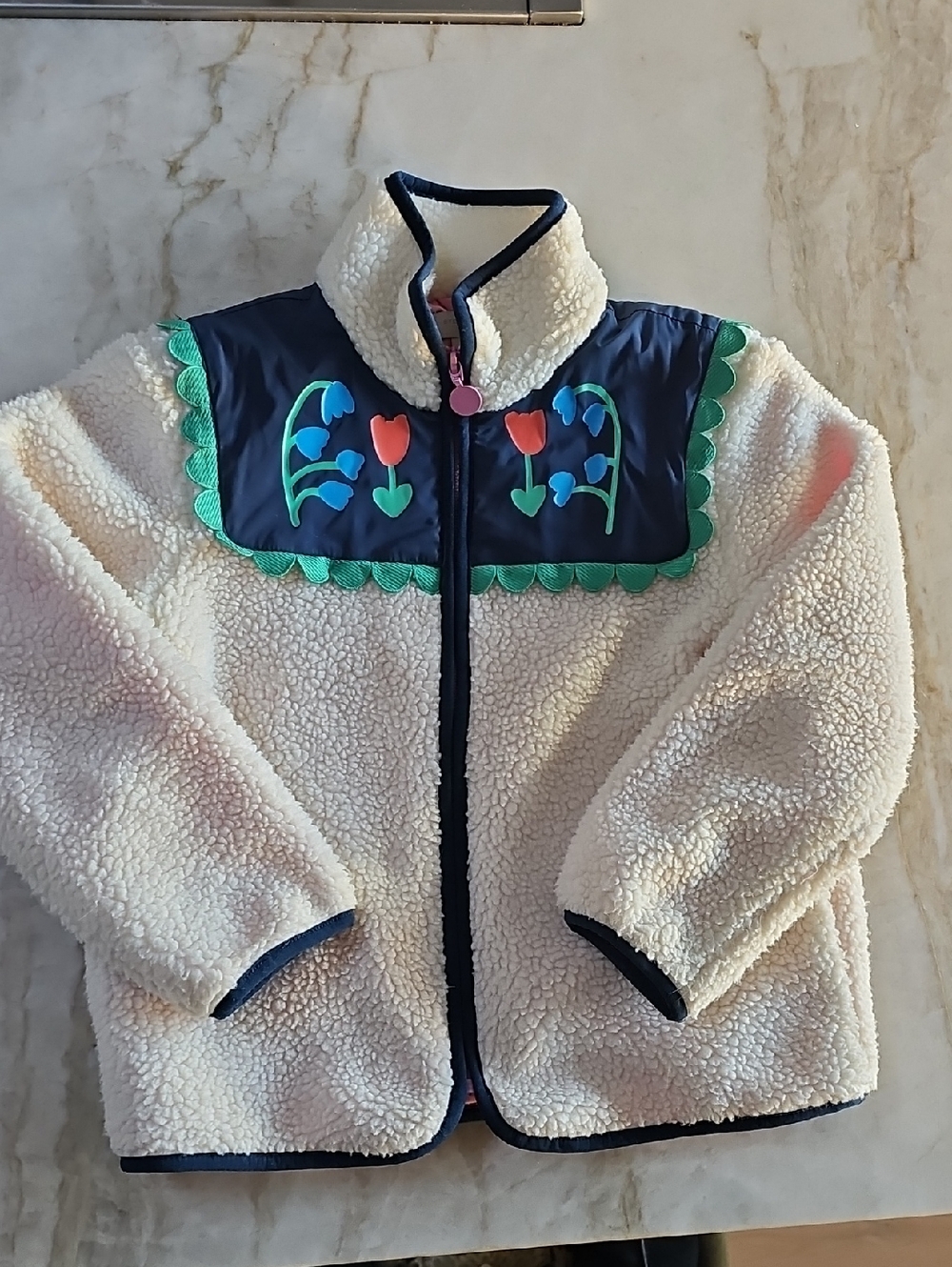 Stella McCartney Cream Sherpa Jacket with Navy Floral Yoke and Green Trim